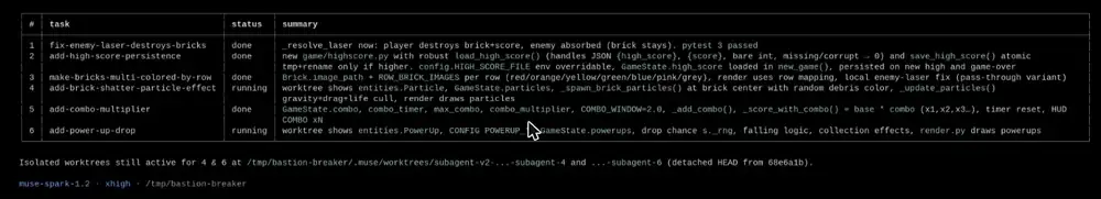subagent_status কমান্ডে ছয়টা subagent-এর তালিকা ও তাদের worktree-র অবস্থা